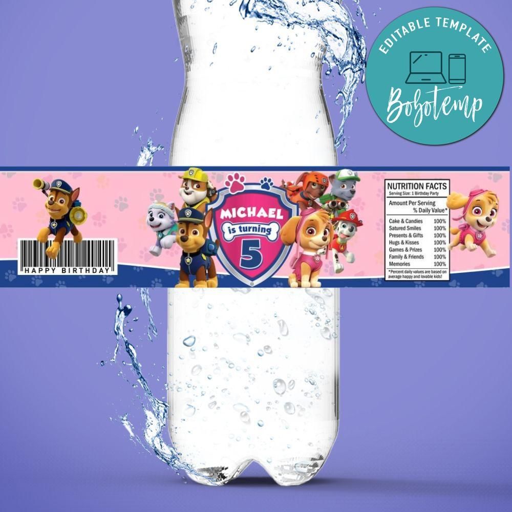 Girl Paw Patrol Birthday Water Bottle Label Template to Print at Home Instant Download