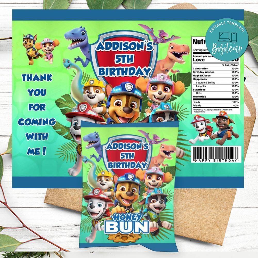 Dino Rescue Birthday Honey Buns Snack Bag Label Customizable Instant Download