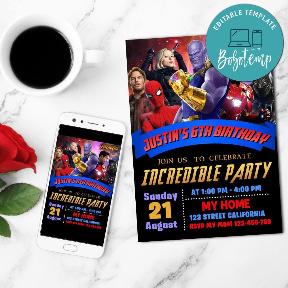 Avengers Infinity War Birthday Invitation Customizable Template | Bobotemp