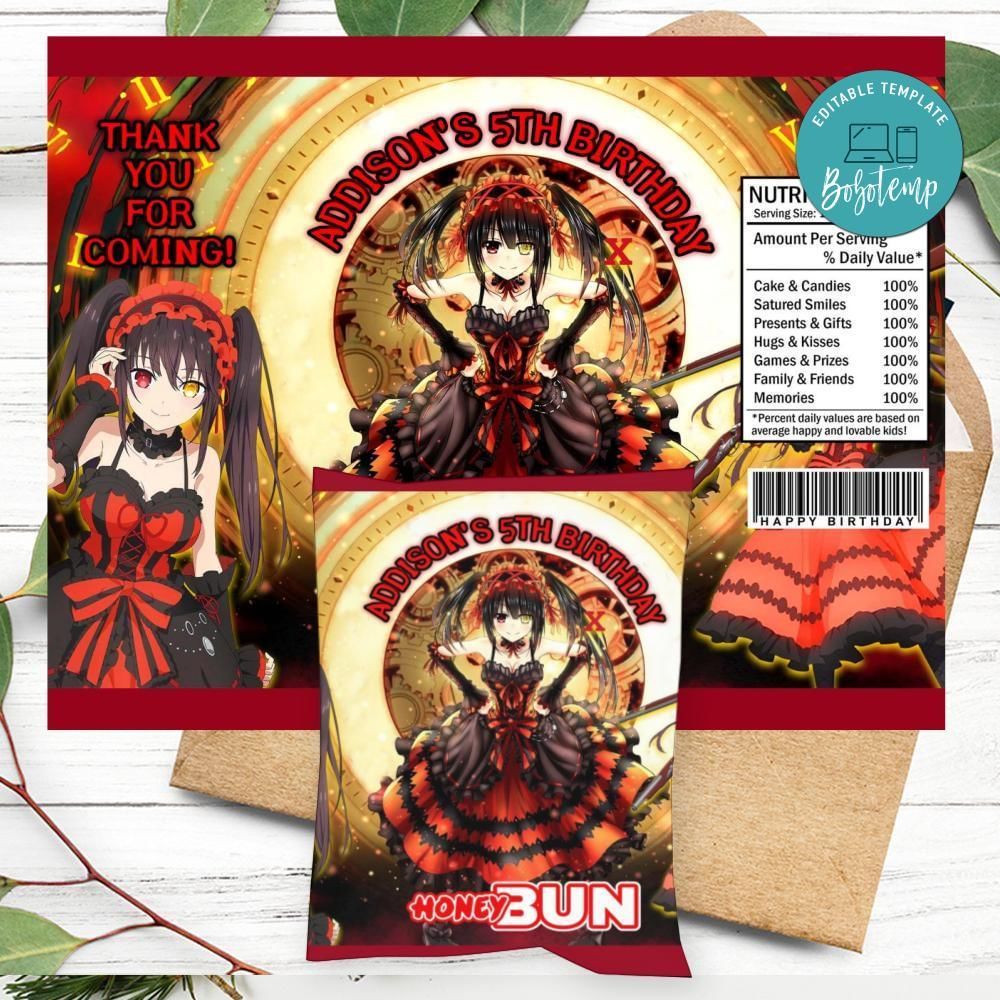 Kurumi Tokisaki Birthday Honey Buns Snack Bag Label Customizable Instant Download