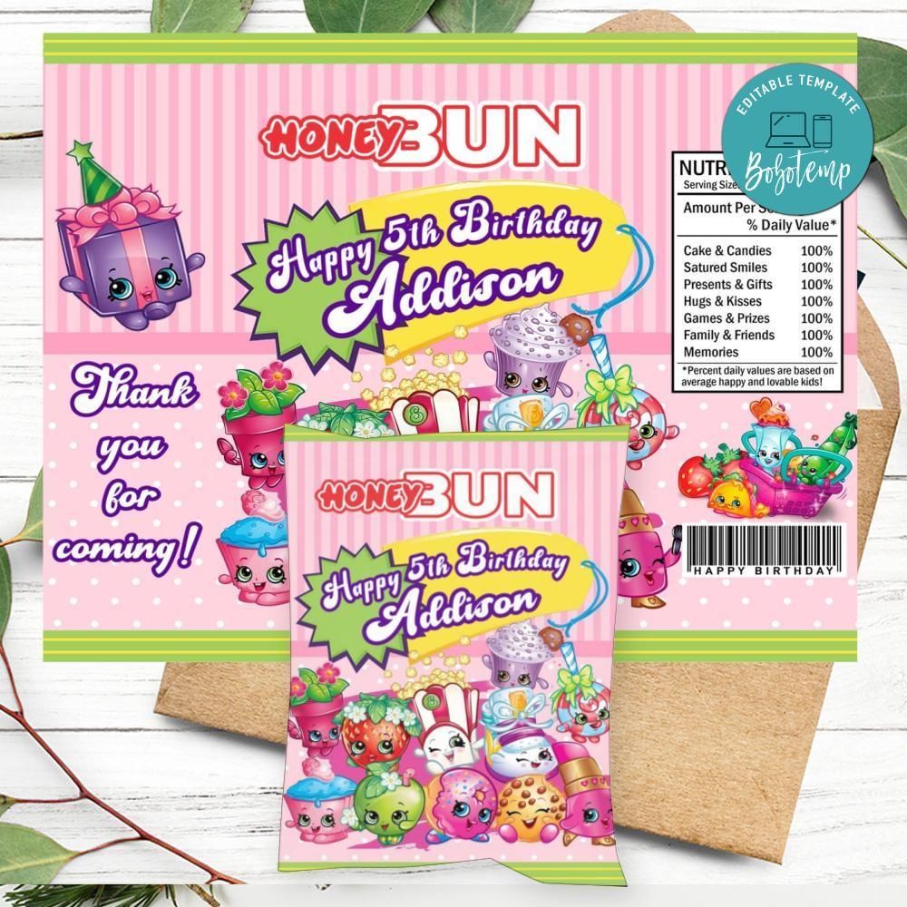 Shopkins Birthday Honey Buns Snack Bag Label Customizable Instant Download