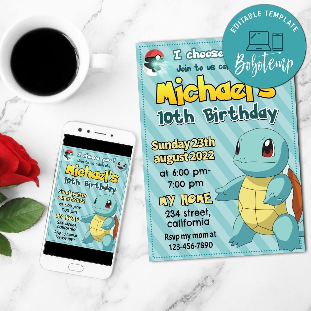 Squirtle Birthday Party Mobile Invite Customizable Template Instant Download