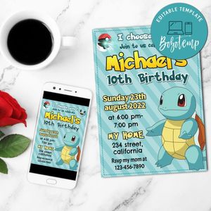 Squirtle Birthday Party Mobile Invite Customizable Template Instant Download