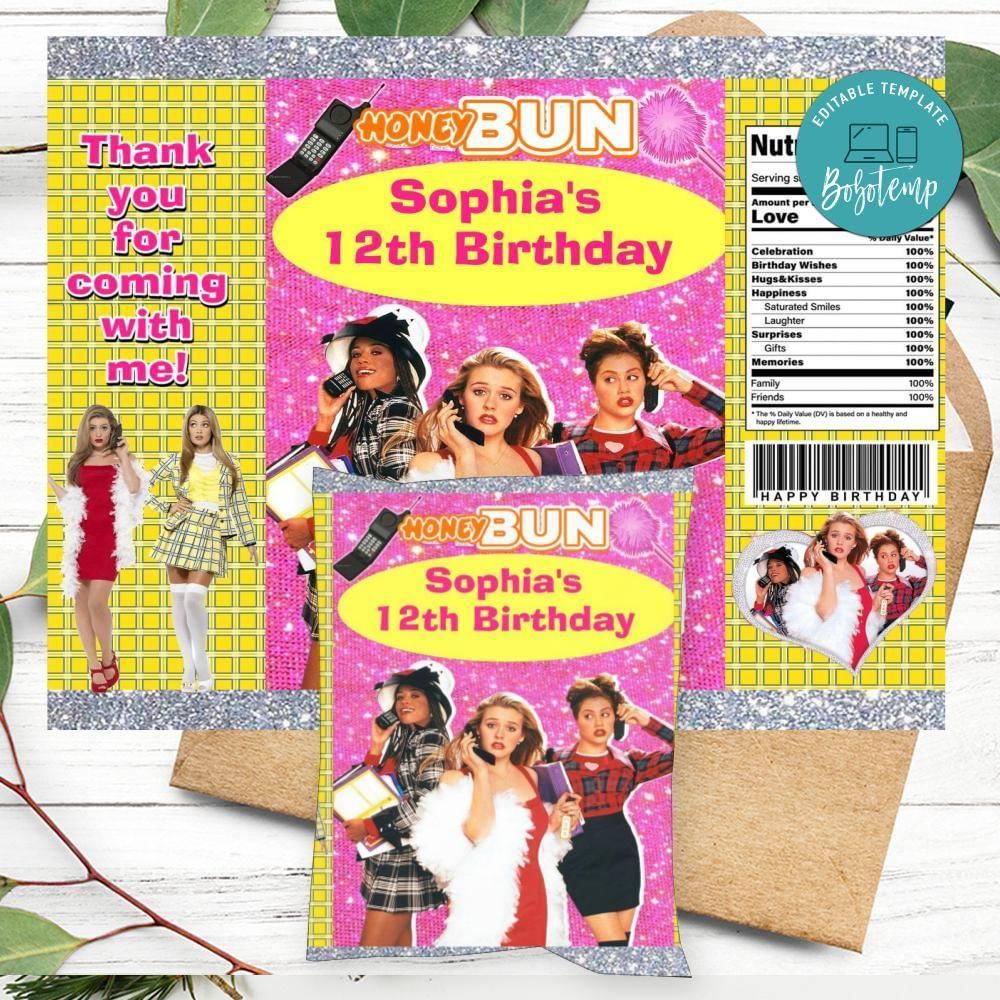 Clueless Birthday Honey Buns Snack Bag Label Customizable Instant Download