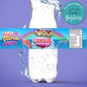Barbie Dolphin Magic Birthday Water Bottle Label Template to Print at Home Instant Download