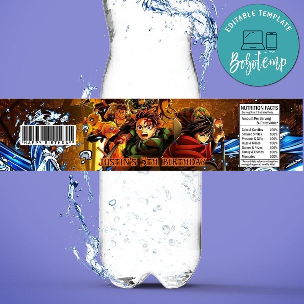 Demon Slayer Infinity Castle Birthday Water Bottle Label Template to Print at Home Instant Download
