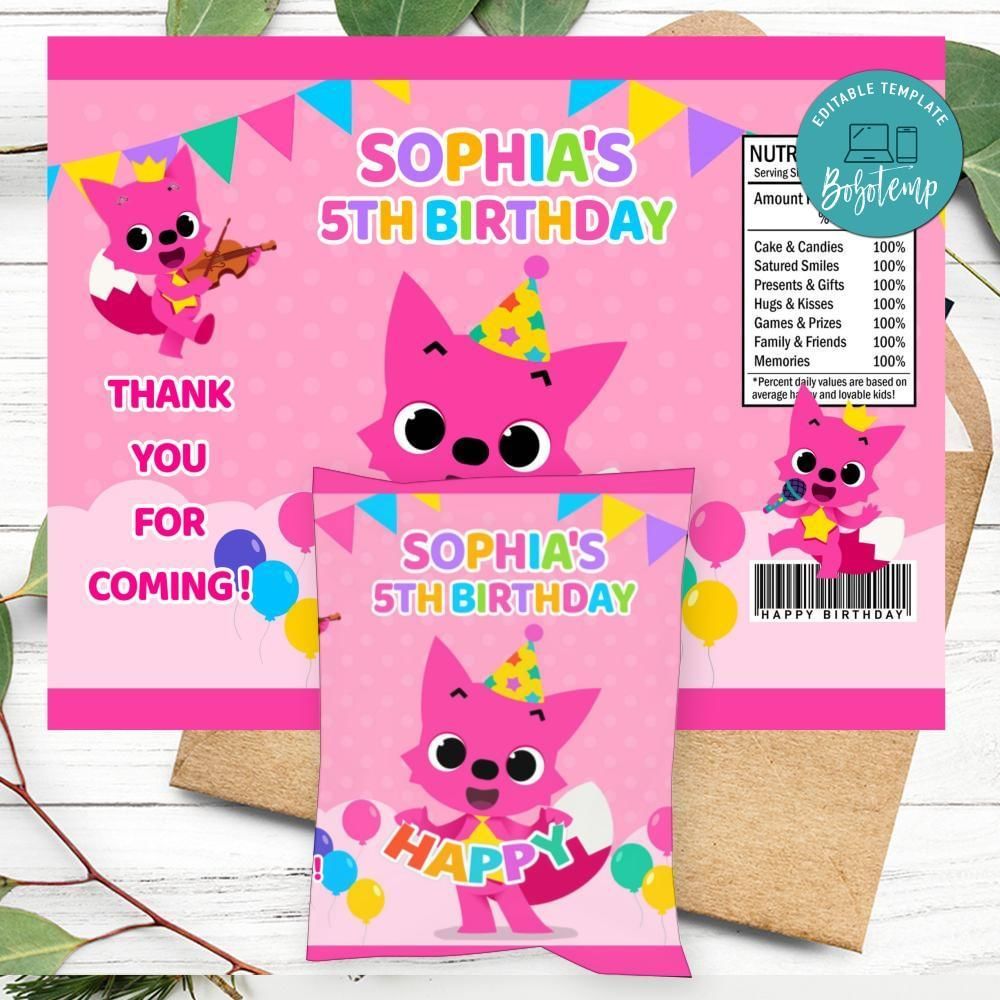 Pinkfong Birthday Chip Bag Label Customizable Instant Download