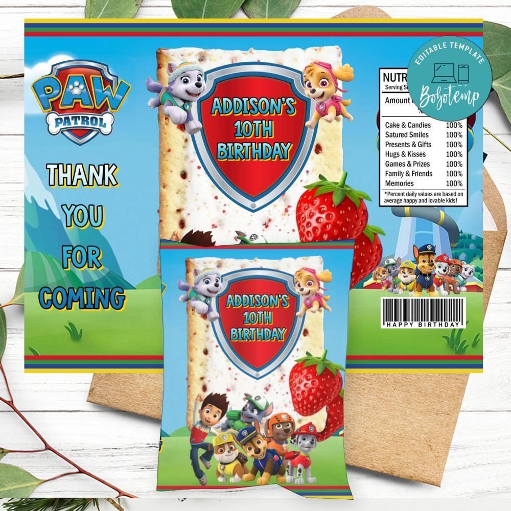 Paw patrol Birthday Party Pop Tarts Digital File Printable Instant Download