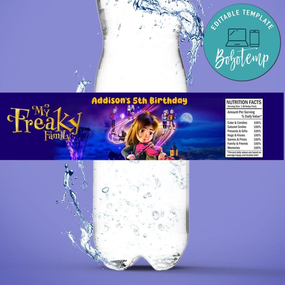 My Freaky Family Birthday Water Bottle Label Template | Bobotemp