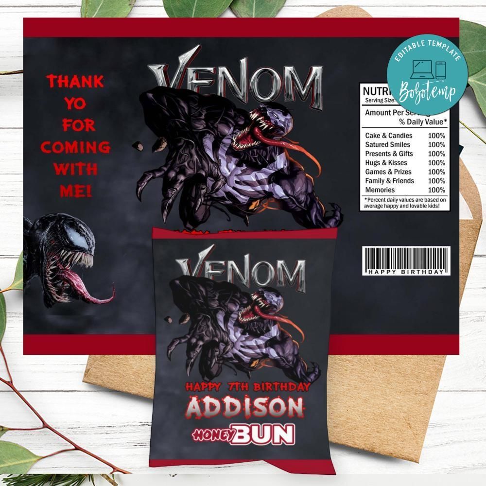 Venom Birthday Honey Buns Snack Bag Label Customizable Instant Download