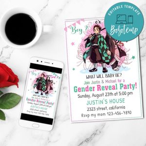Demon Slayer Gender Reveal Mobile Invite Customizable Template Instant Download