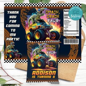T Rex Monster Truck Birthday Party Chip Bag Digital File Printable Instant Download