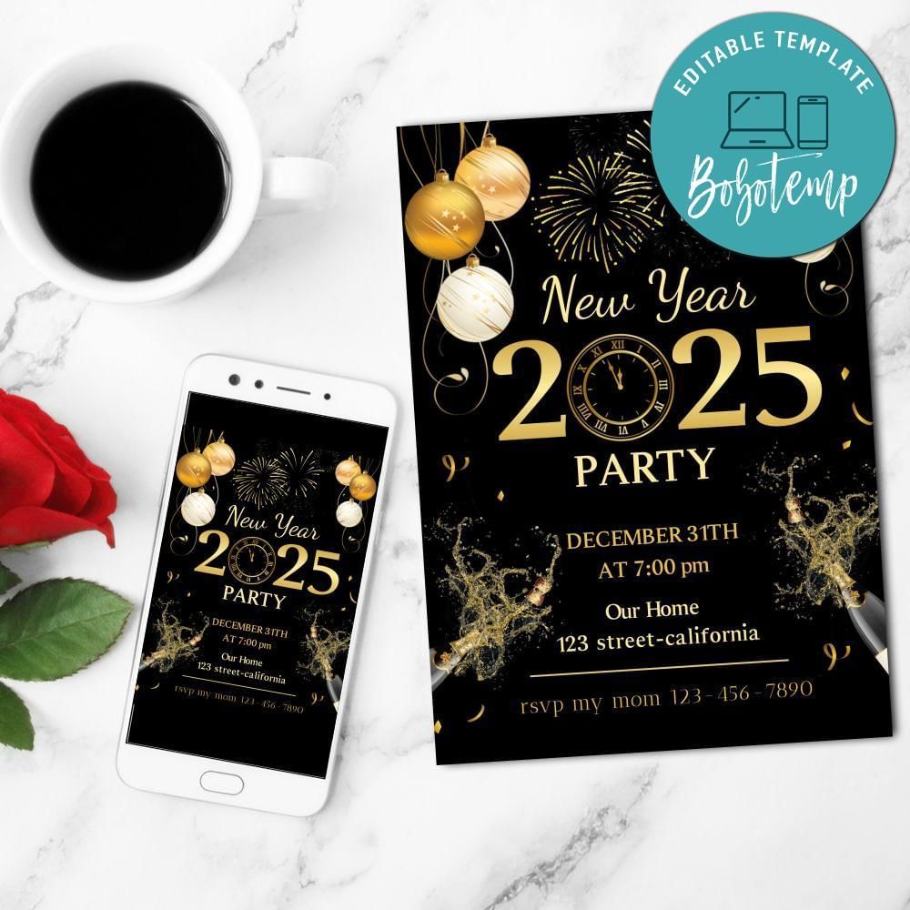 New Year's Eve Party Mobile Invite Customizable Template Instant Download