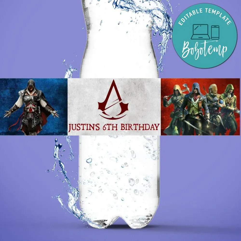 Assassin's Creed Birthday Water Bottle Label Template | Bobotemp