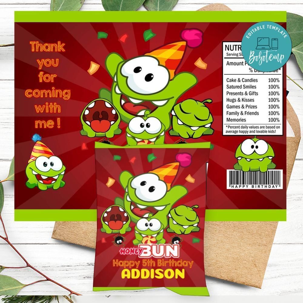 Om Nom Birthday Honey Buns Snack Bag Label Customizable Instant Download