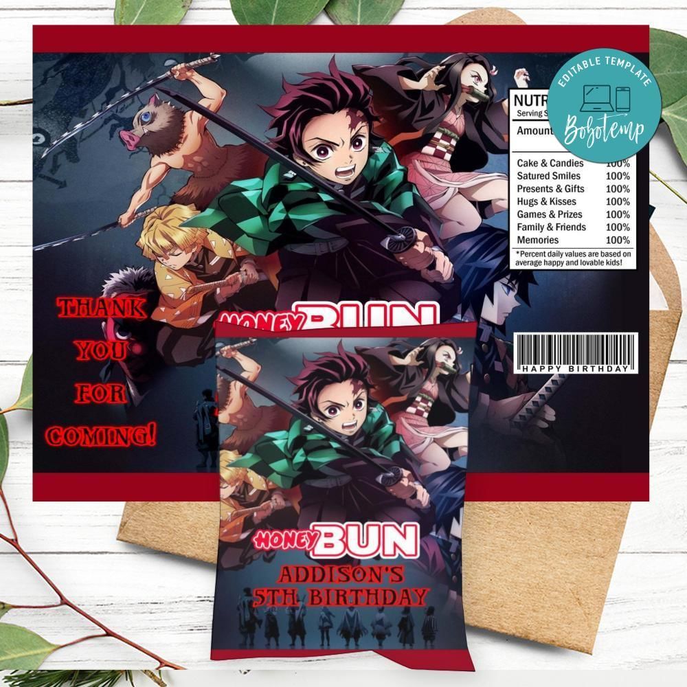 Demon Slayer Birthday Honey Buns Snack Bag Label Customizable Instant Download