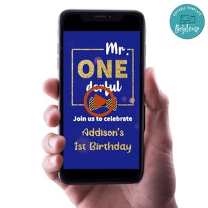 Mr onederful Blue Theme Birthday Video Invitation Digital Template Customizable Instant Download