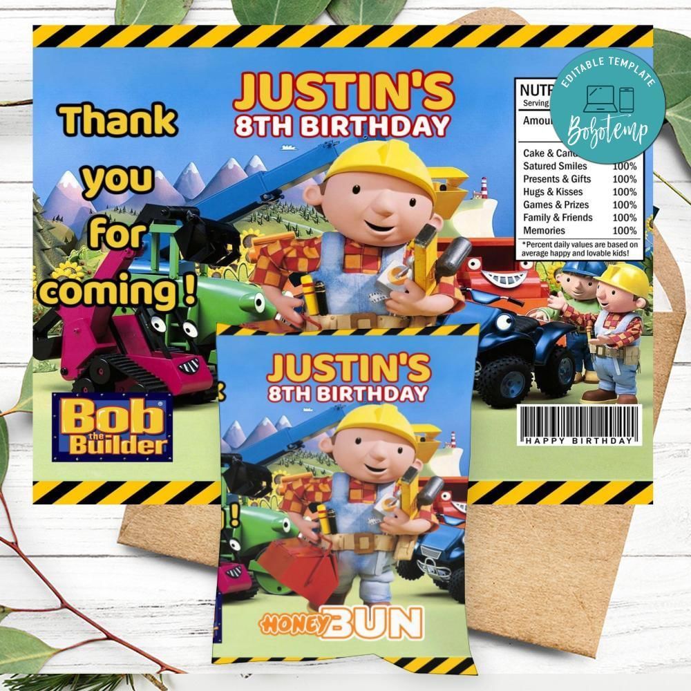 Bob The Builder Birthday Honey Buns Snack Bag Label Customizable Instant Download