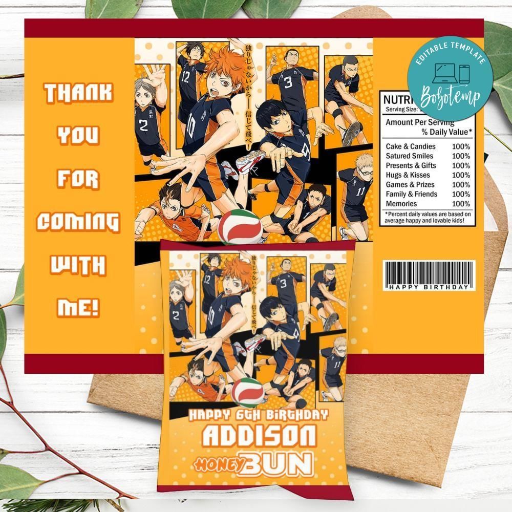 Haikyuu Birthday Honey Buns Snack Bag Label Customizable Instant Download