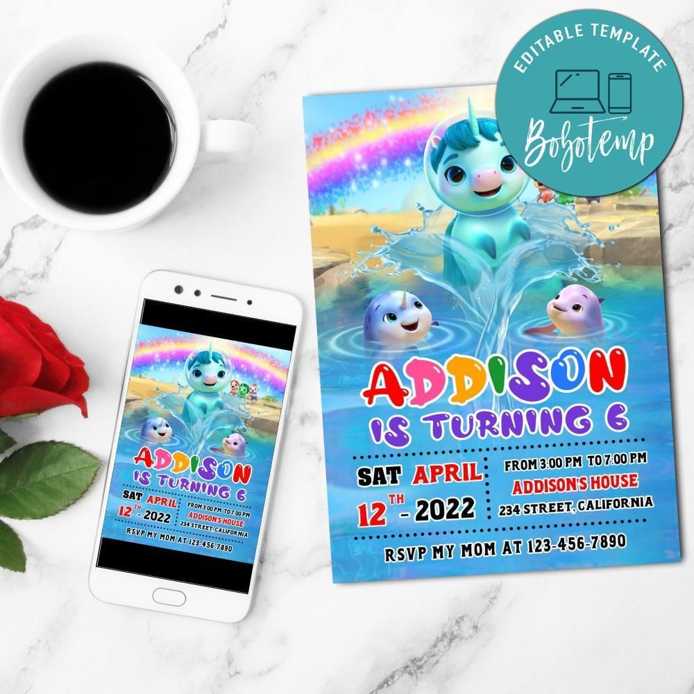 Not Quite Narwhal Mobile Invite Customizable Template Instant Download