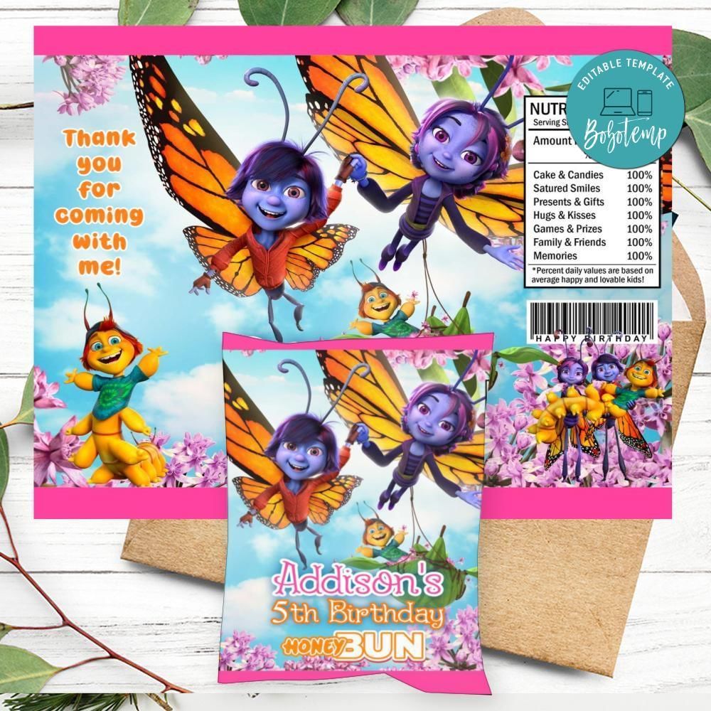 Butterfly Tale Birthday Honey Buns Snack Bag Label Customizable Instant Download