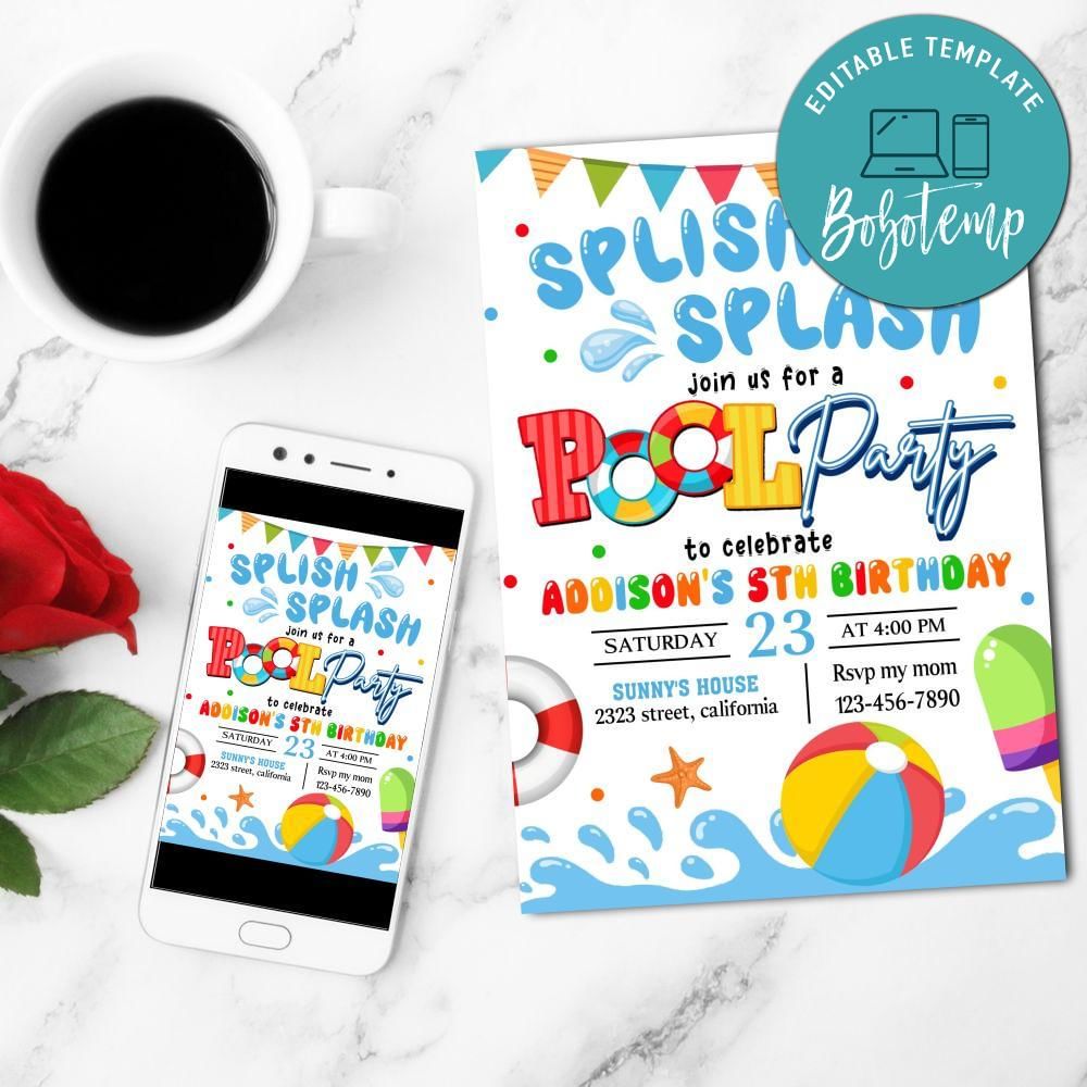 Splish Splash pool party Invitation Customizable Template DIY | Bobotemp