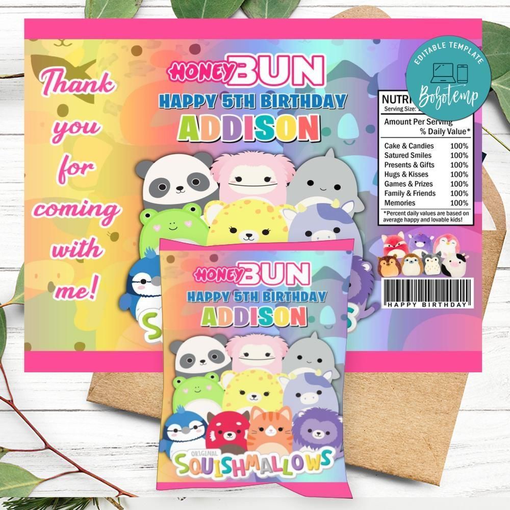Squishmallow Birthday Honey Buns Snack Bag Label Customizable Instant Download