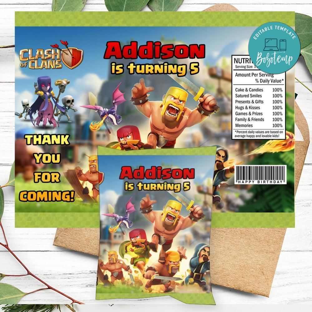 Clash Of Clans Birthday Chip Bag Label Customizable Instant Download