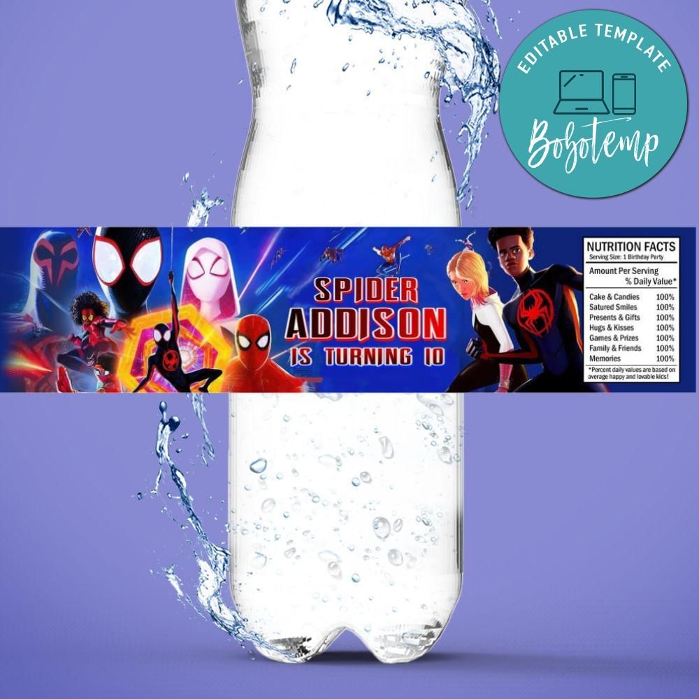 Spiderman Across SpiderVerse Birthday Water Bottle Label Template | Bobotemp