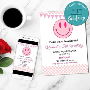 Preppy Pink Smiley Face Mobile Invite Customizable Template Instant Download