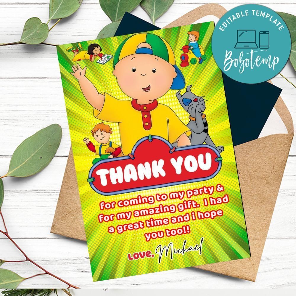 Caillou Thank You Card Customizable Template To Print At Home Instant Download