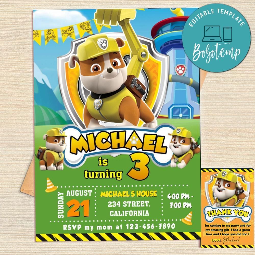 Rubble Paw Patrol Invitation Template Free Thank You Card Printable