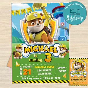 Rubble Paw Patrol Invitation Template Free Thank You Card Printable
