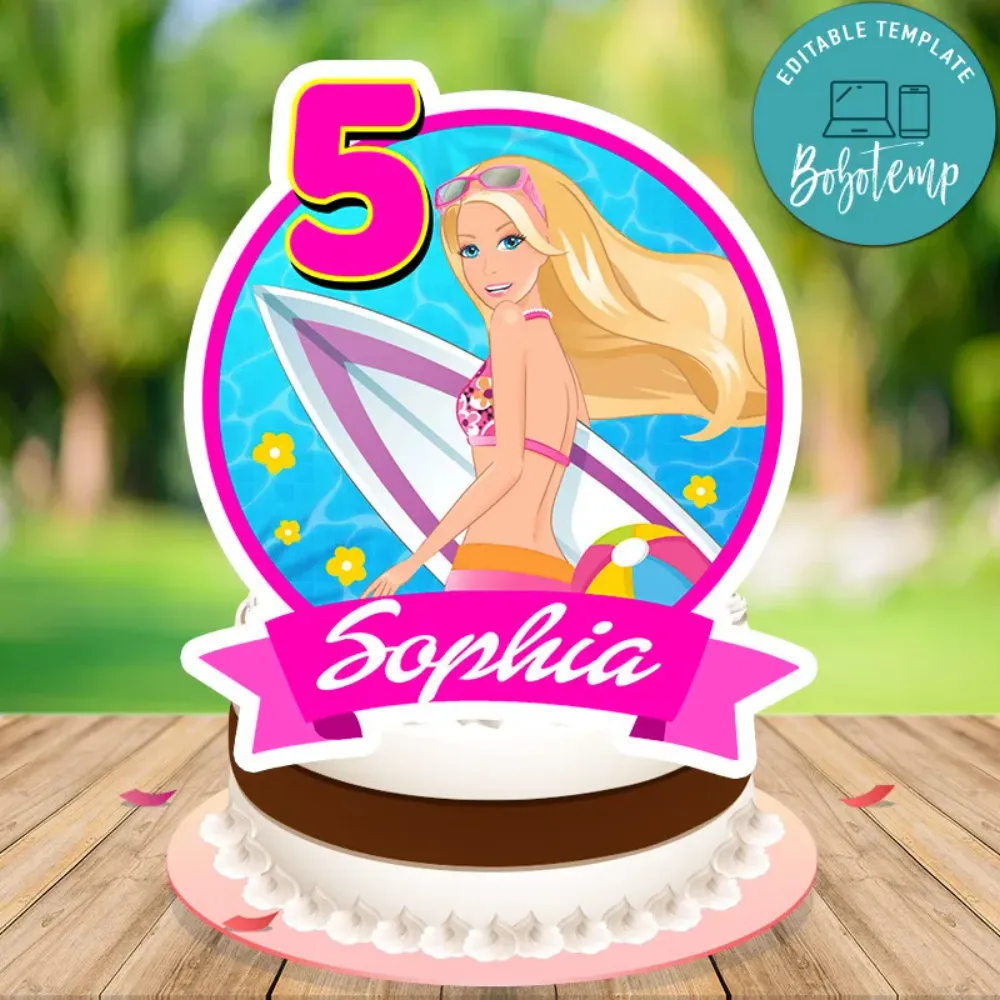 Barbie Pool Party Birthday Cake Topper Template Printable