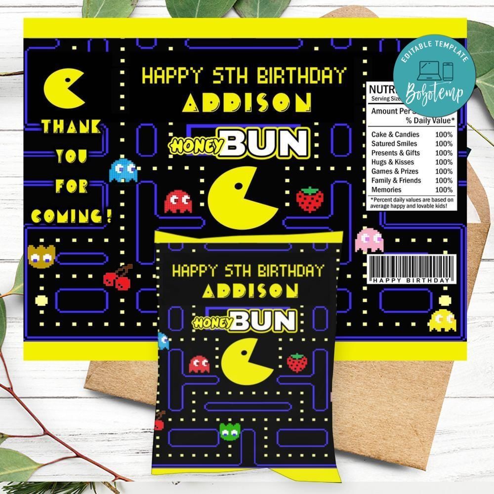 Pacman Birthday Honey Buns Snack Bag Label Customizable Instant Download