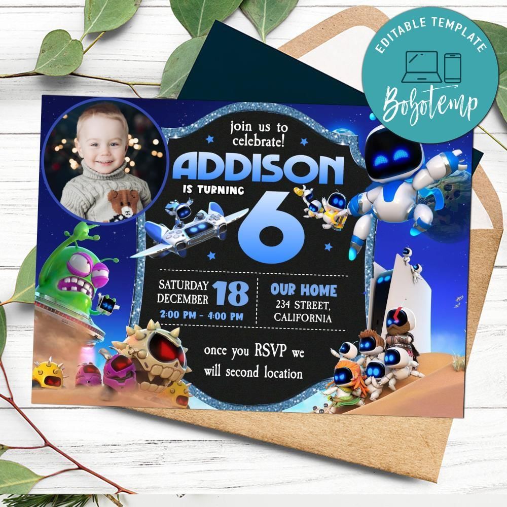 Astro bot Birthday Invitation with Photo Customizable Template to Print at Home Instant Download