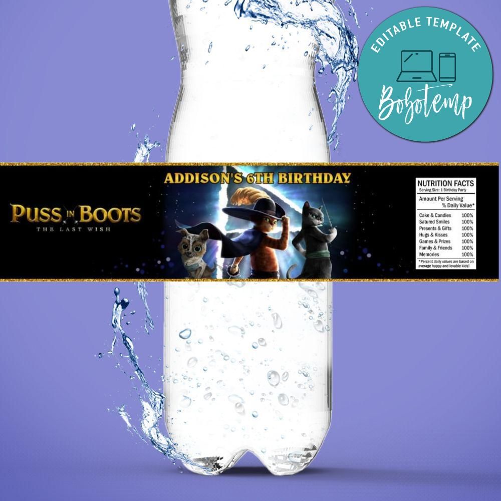 Puss in Boots Birthday Water Bottle Label Template Bobotemp