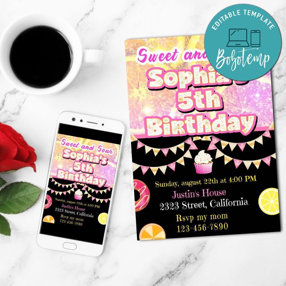 Sweet and Sour Birthday Invitation Customizable Template to Print at Home Instant Download