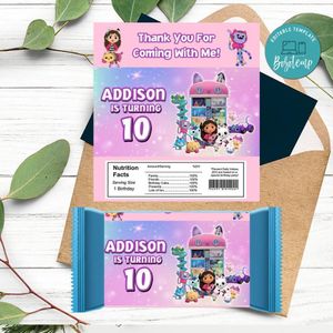 Gabby dollhouse Candy bar Label Customizable Template Instant Download