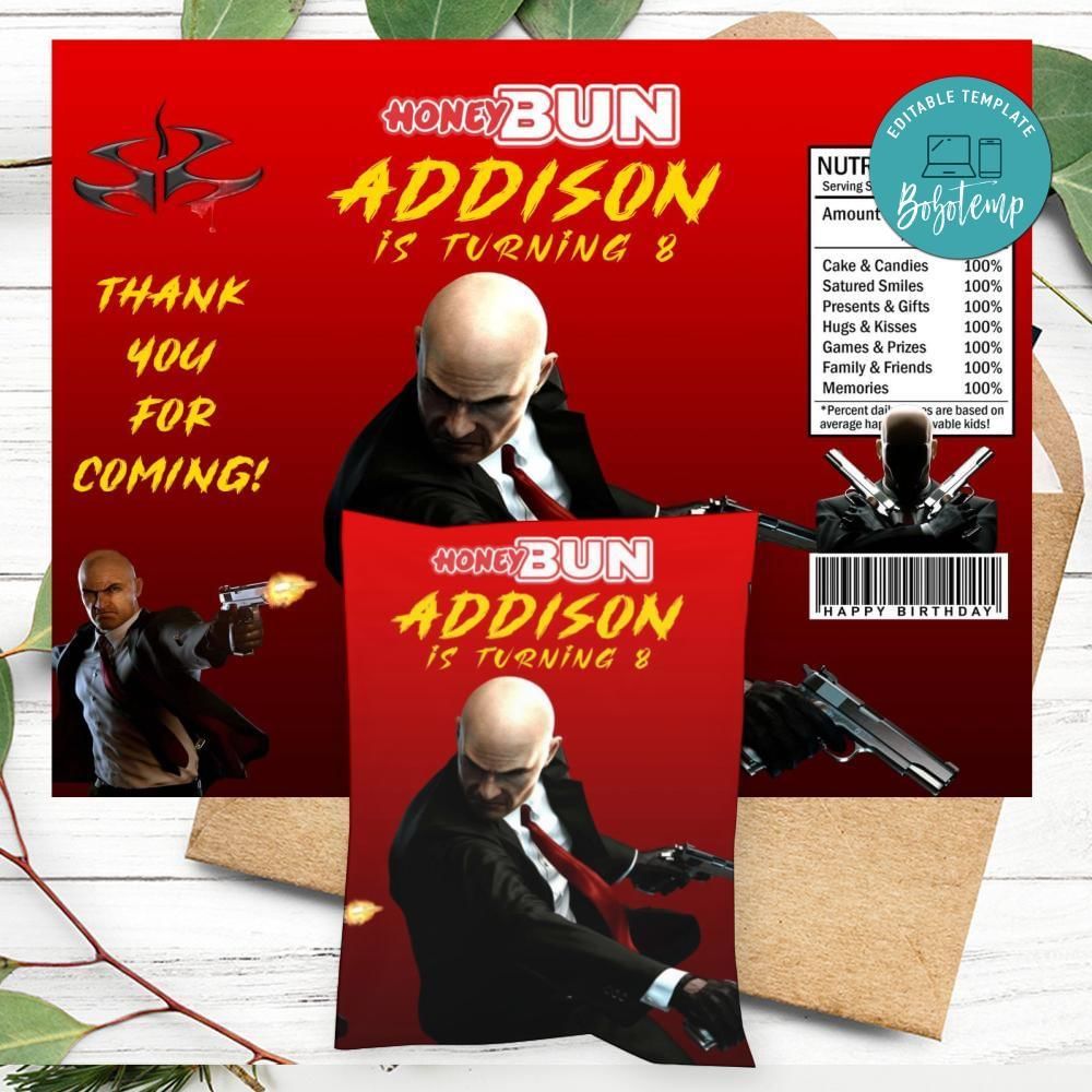 Hitman Birthday Honey Buns Snack Bag Label Customizable Instant Download