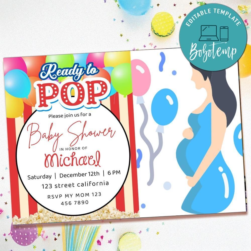 Ready to pop Baby Shower Invitation with photo Template Customizable Instant Download