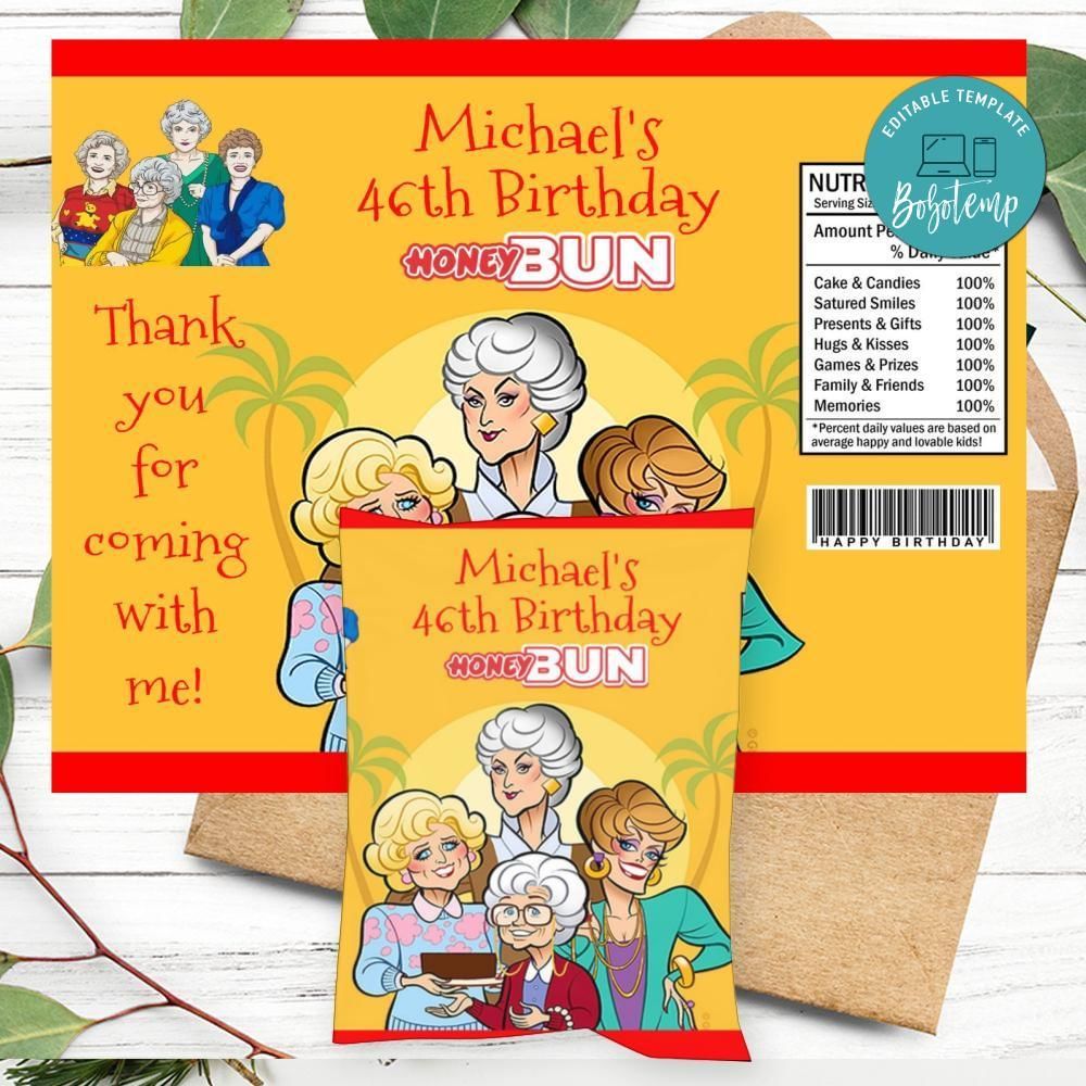 Golden Girls Birthday Honey Buns Snack Bag Label Customizable Instant Download