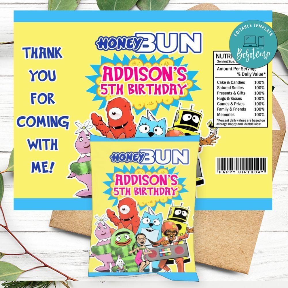 Yo Gabba Gabba Birthday Honey Buns Snack Bag Label Customizable Instant Download