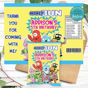 Yo Gabba Gabba Birthday Honey Buns Snack Bag Label Customizable Instant Download