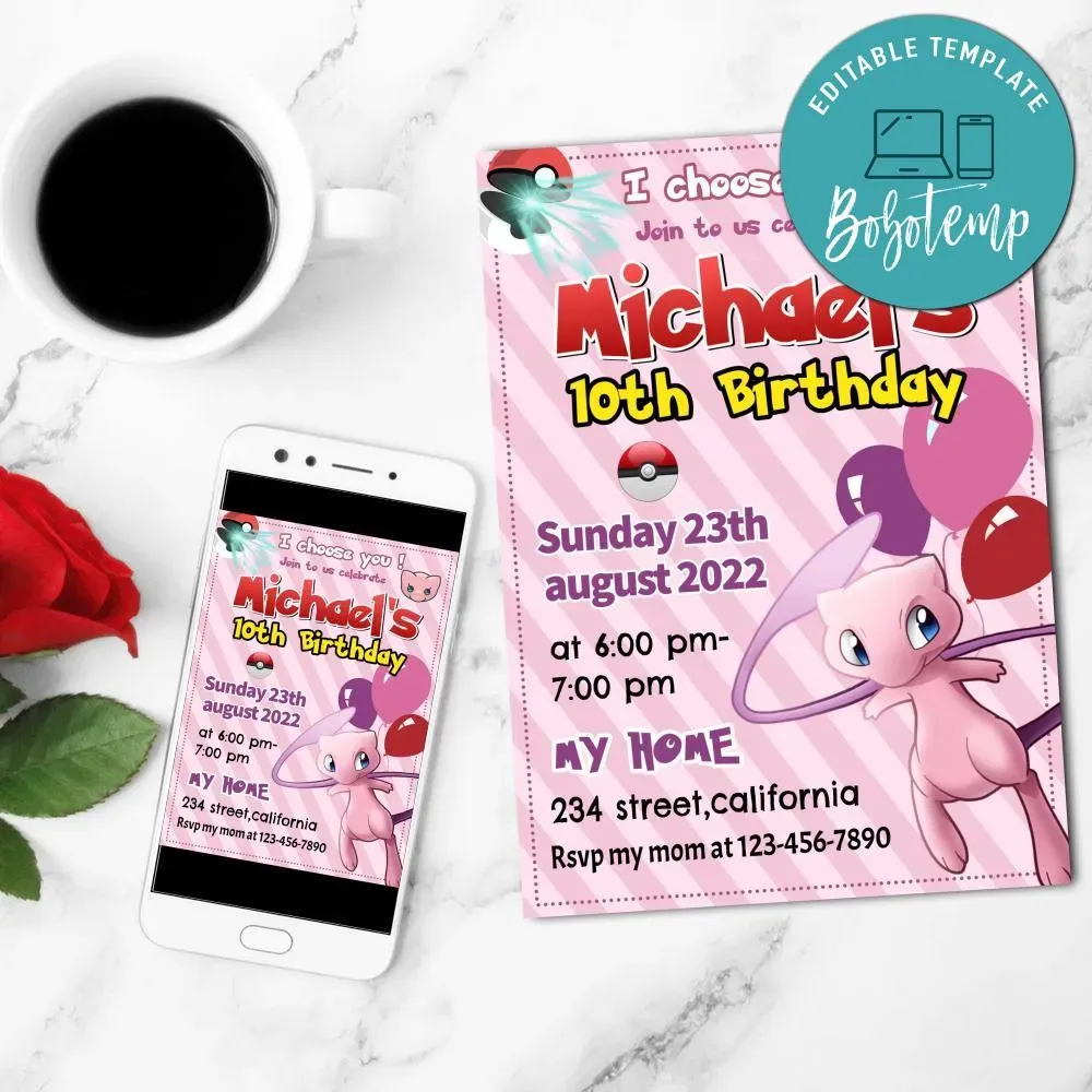 Pokemon/mew Birthday Party Mobile Invite Customizable Instant Download ...