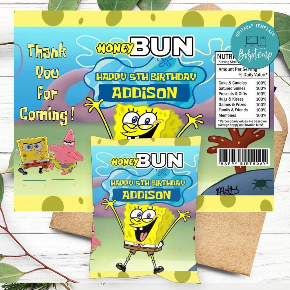 Spongebob Birthday Honey Buns Snack Bag Label Customizable Instant Download
