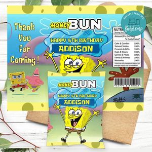 Spongebob Birthday Honey Buns Snack Bag Label Customizable Instant Download