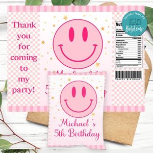 Preppy Pink Smiley Birthday Party Chip Bag Digital File Printable Instant Download