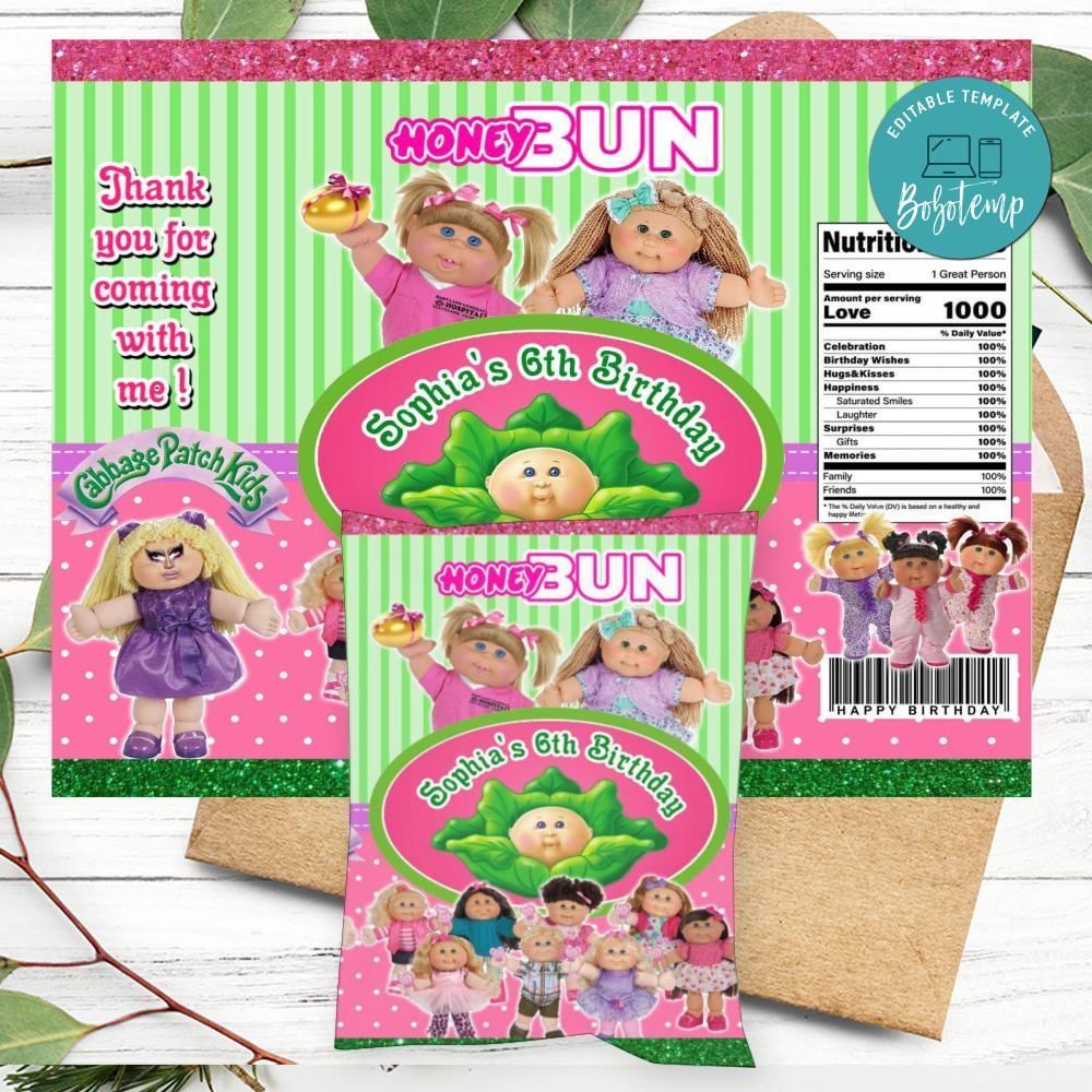 Cabbage Patch Birthday Honey Buns Snack Bag Label Customizable Instant Download