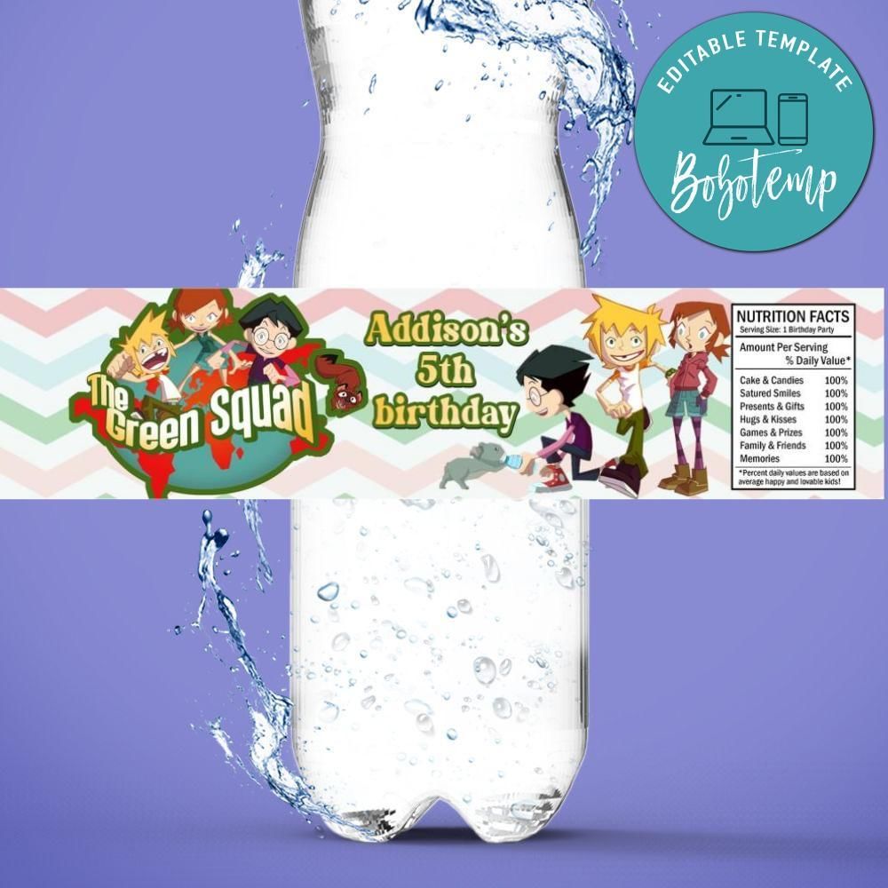 The green squad Birthday Water Bottle Label Template to Print at Home Instant Download